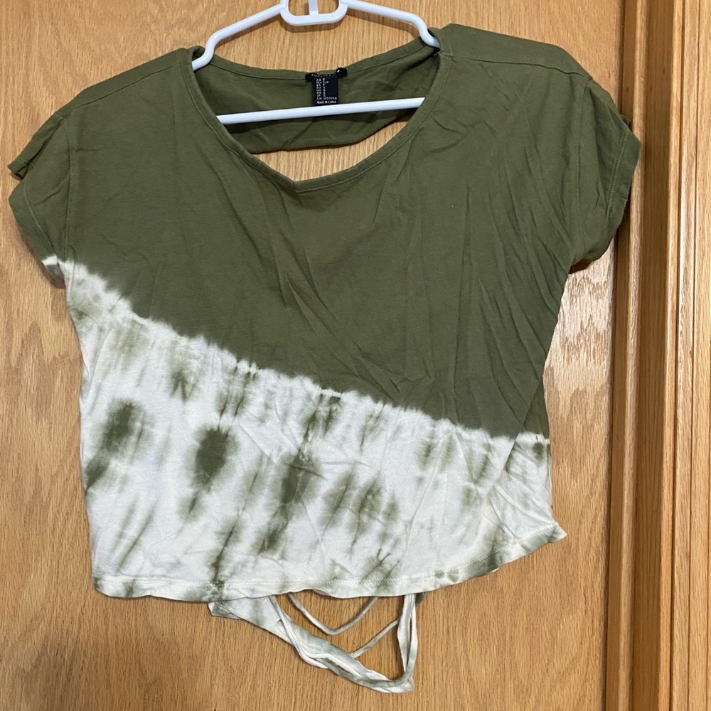 Forever 21 Fringe Back Crop Top Green and White
